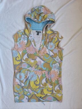 Vintage Lucky Brand Floral Sleeveless Hoodie Y2K Retro 70s Style Size M